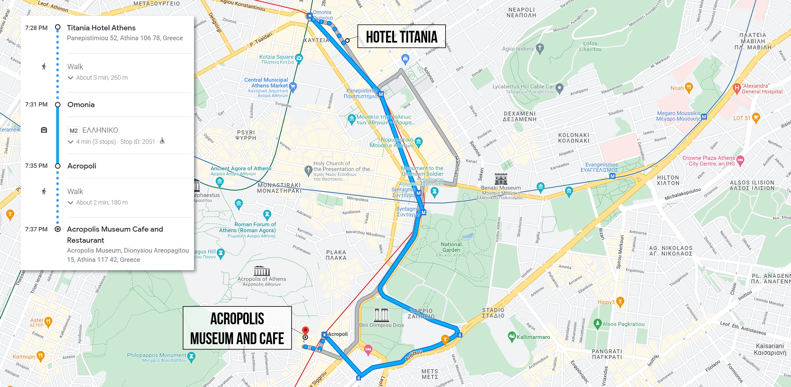 A map of the metro route from the Hotel Titania to the Acropolis Museum and Cafe.