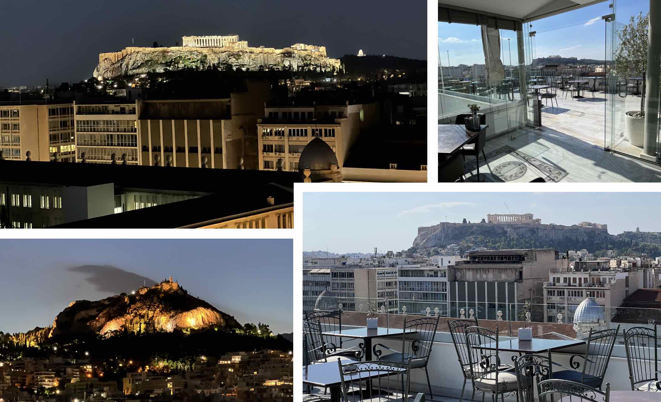 A series of four pictures from the Olive Garden restaurant on the 11th floor of Hotel Titania showing the balcony and
              views of the Acropolis and Lycabettus Hill