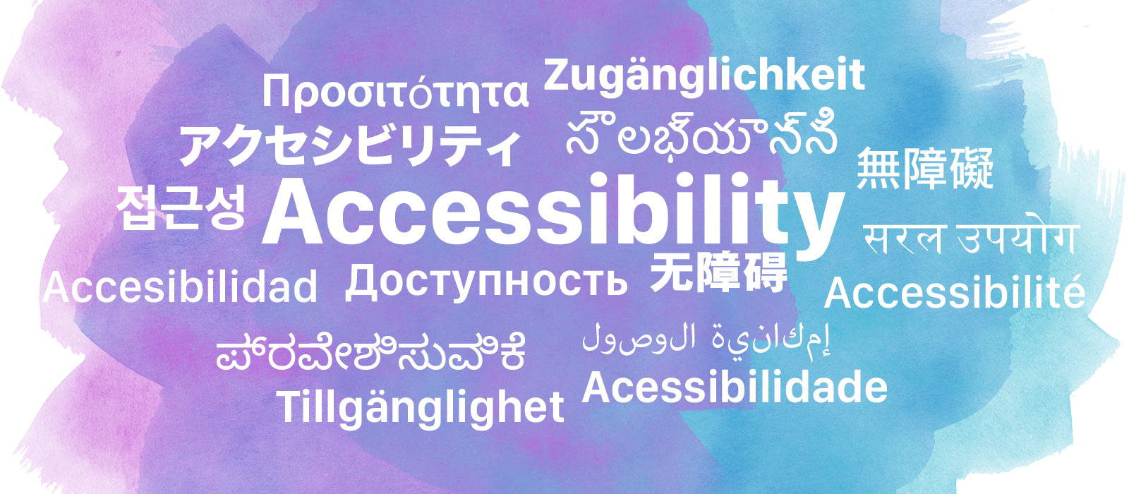 The word *accessibility* is translated into 15 different languages, including German, Kannada, Persian, French, Spanish, Telugu, Simplified Chinese, Traditional Chinese, Portuguese, Swedish, Korean, Japanese, Russian, Hindi, and Greek. All the words are distributed and displayed in a word cloud with a mixture of purple and blue watercolor paints in the background.